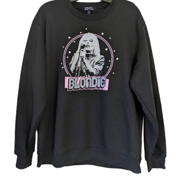 Vinyl Blondie Graphic Sweatshirt Black Crew Neck‎ Rhinestone Fringe Back - Picture 1 of 8